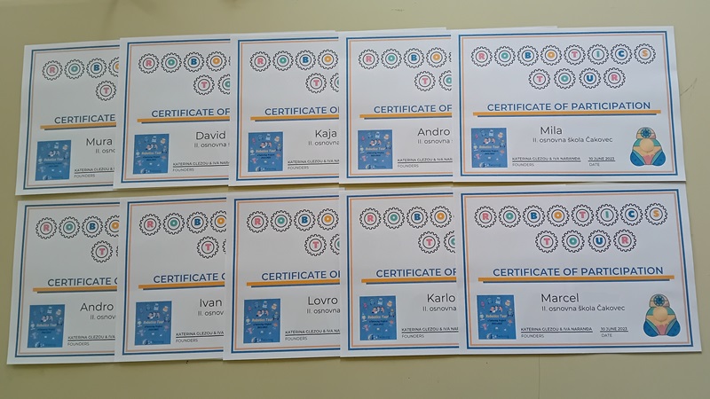 eTwinning project Robotics Tour - certificates for students
